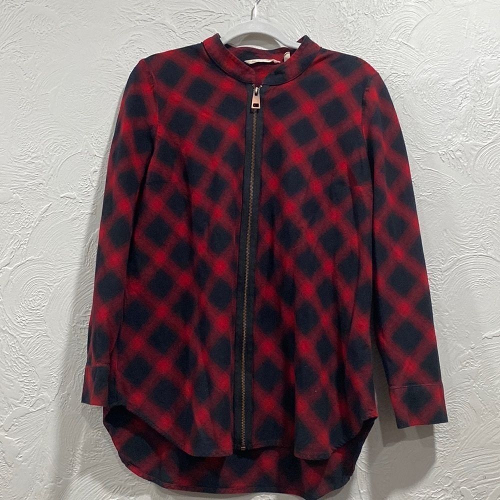 Soft Surroundings Black Red Buffalo Plaid Manchester Flannel Zip Up Tunic- Med